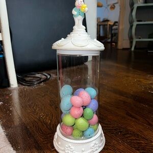 White Decorative Glass Jar with Pastel Speckled Easter Eggs